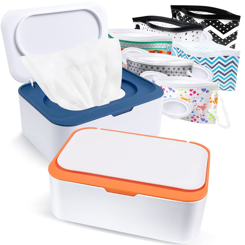 8Pcs Baby Wipes Dispenser Reusable Baby Wipe Holder Box and Portable Wet Wipes Pouch Refillable Wipes Pouch Case Container with Lid for Bathroom Baby Nursery Kitchen Office Travel BlueOrange