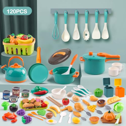 Zero Zoo 120Pcs Mini Play Kitchen Accessories Kids Pretend Cooking Playset with Desserts Cuttable Veggies BBQ Storage Basket Educational RolePlay Gift for Toddlers Child Green - Image 5