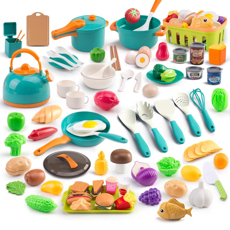 Zero Zoo 120Pcs Mini Play Kitchen Accessories Kids Pretend Cooking Playset with Desserts Cuttable Veggies BBQ Storage Basket Educational RolePlay Gift for Toddlers Child Green - Image 3