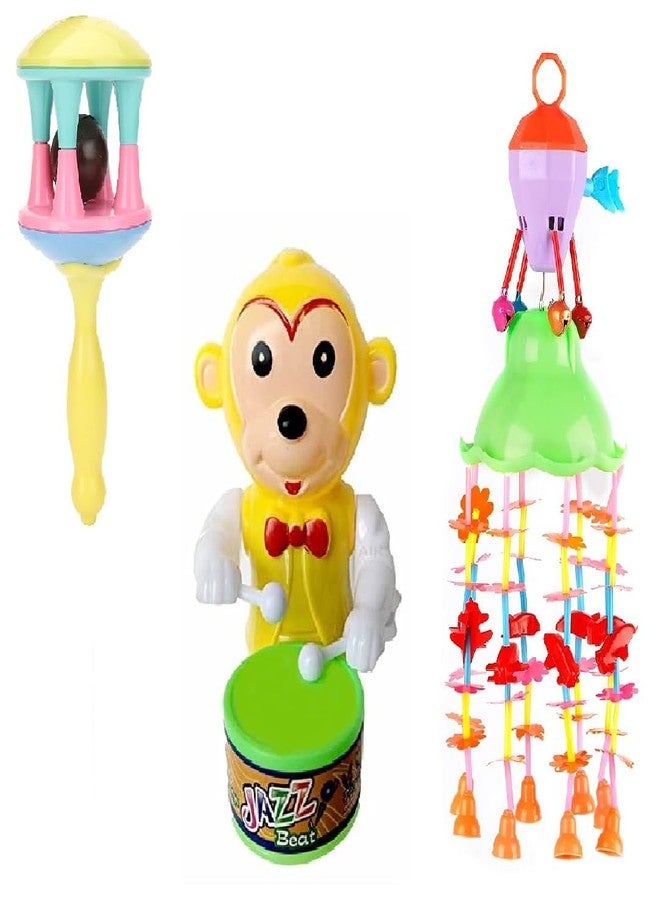 SHANVI Toys Merry go Round for Infants no.11, Attachable to Cradle or Window, Soothing Music and Various Shapes for Developing Imagination and Thinking (JHO-Yellow-Monkey-3 Cut rettel Toys-03) - Image 1