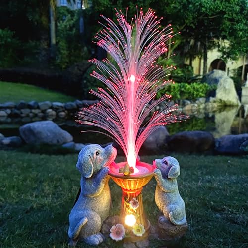 RCTTICUU Solar Dog Statues Garden Decor with LED Lights -Resin Dogs Figurines Lights and Colour Changing Fiber Optical Light, Outdoor Decorations for Patio Yard Lawn Ornaments-Gifts for Housewarming - Image 1