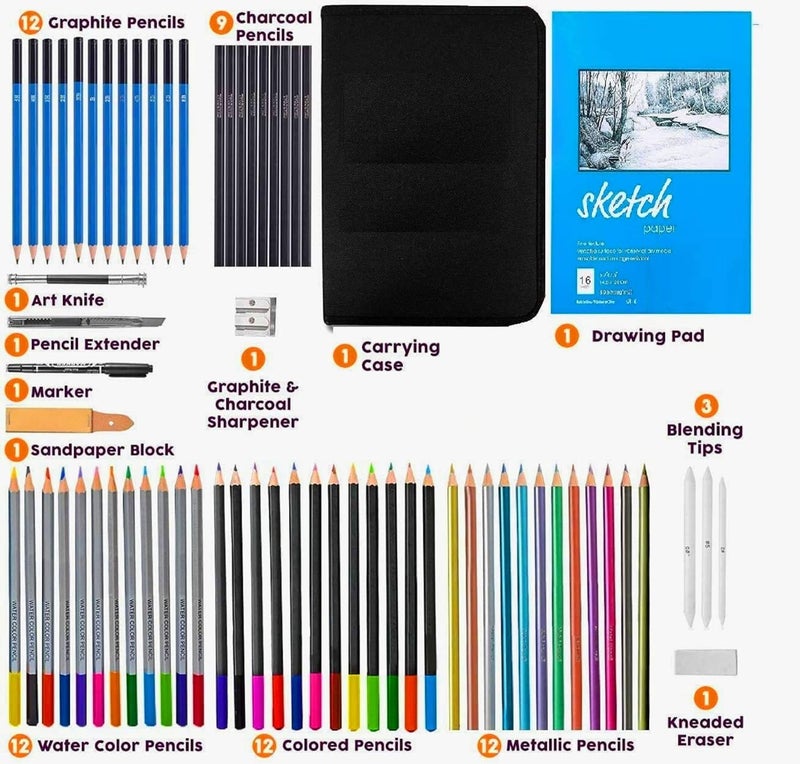 Corslet 72 Pcs Art Pencil Sketch Kit Drawing for Artists Kit Graphite Colored Charcoal Sketch Book Stumps Eraser Sketching Kit for Artist Drawing - Image 2
