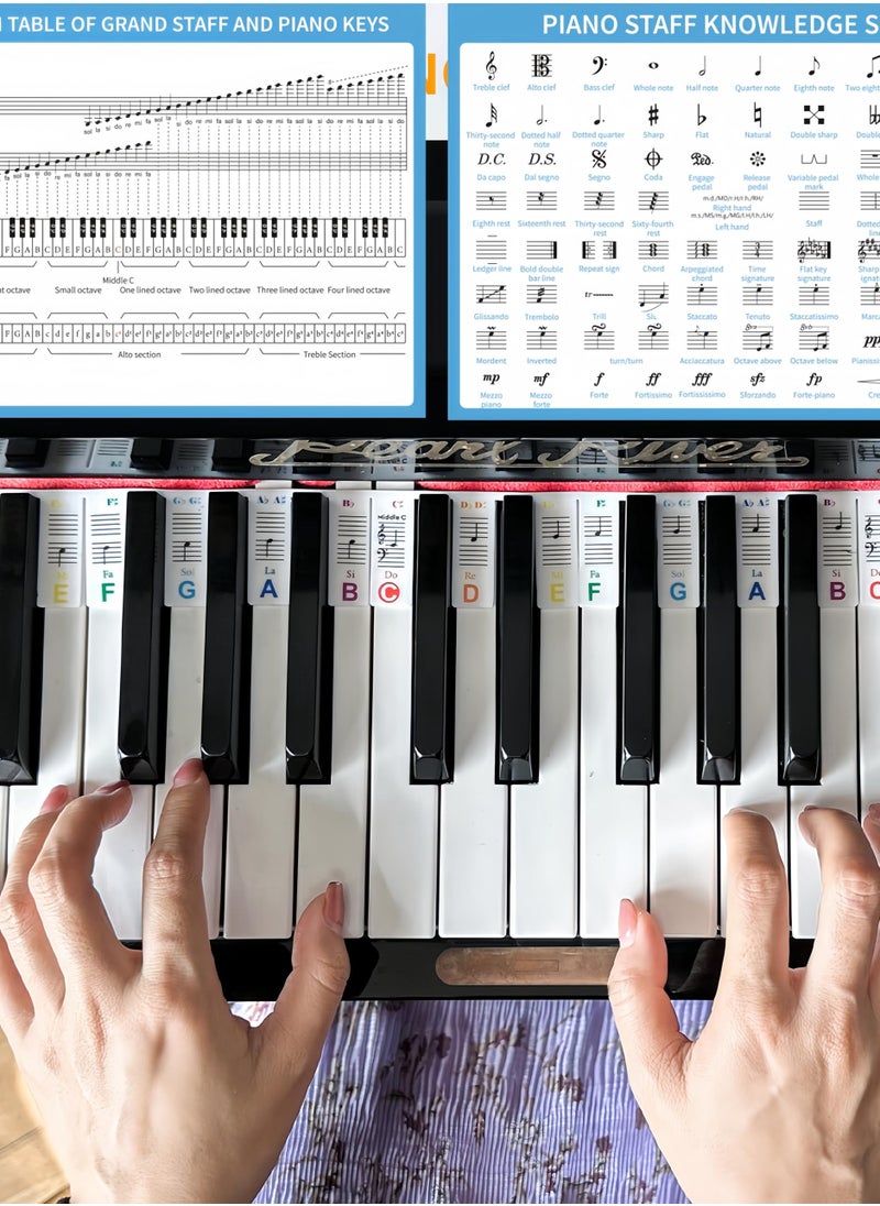 Generic - 88-Key Removable Piano Keyboard Note Labels Without Sticking, 2 in 1 Piano Key Labels with Pitch Name & Staff, Durable Piano Note Labels for Beginner (colourful) - Image 1