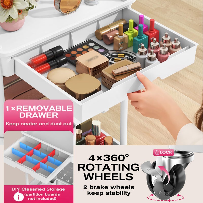 Goovilla Rolling Makeup Organizer Cart with Removable Drawer, 4 Tier Stable White Floor Skincare Storage Cart for Vanity, Cosmetic Display, Nail Polish, Perfume, Hair Stuff, Beauty, Bathroom(Plastic) - Image 3
