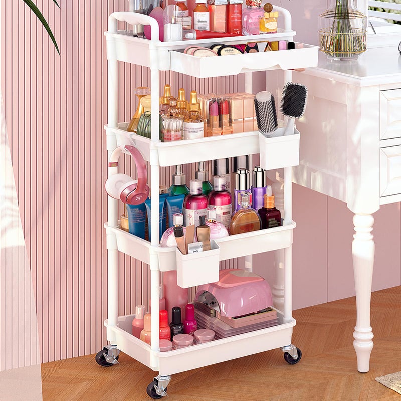 Goovilla Rolling Makeup Organizer Cart with Removable Drawer, 4 Tier Stable White Floor Skincare Storage Cart for Vanity, Cosmetic Display, Nail Polish, Perfume, Hair Stuff, Beauty, Bathroom(Plastic) - Image 1