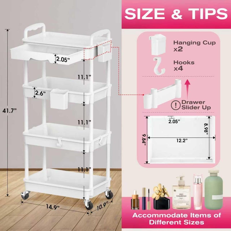 Goovilla Rolling Makeup Organizer Cart with Removable Drawer, 4 Tier Stable White Floor Skincare Storage Cart for Vanity, Cosmetic Display, Nail Polish, Perfume, Hair Stuff, Beauty, Bathroom(Plastic) - Image 2
