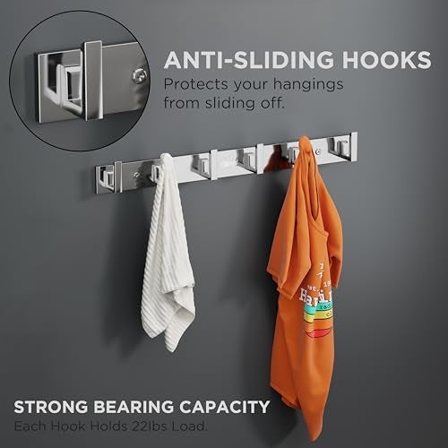 Crasts Aluminium Stainless Steel Cloth Hanger Wall Mounted with 6 Hooks for Bathroom/Kitchen,Door - Cloth Hanger/Towel Hanger/Keys Holder (2, Sliver) - Image 3