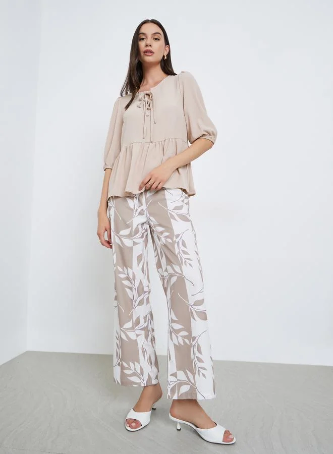 Take Two Take Two Ruffle Hem Half Sleeve Tops and Leaf Printed Pants Set