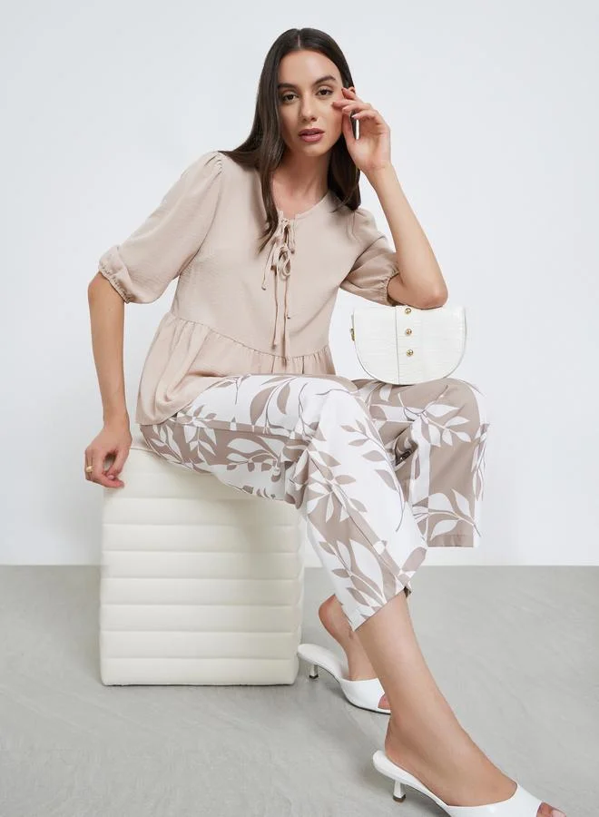Take Two Take Two Ruffle Hem Half Sleeve Tops and Leaf Printed Pants Set