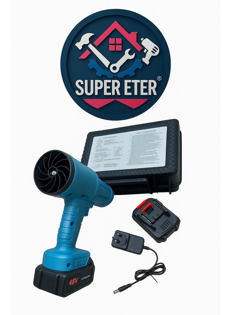 سوبر  ايتير منفاخ هواء لاسلكي احترافي 48V من SUPER ETER – موديل 10006387 – مزوّد ببطاريتين ليثيوم 48V + شاحن + حقيبة تخزين قوية – تصميم محمول بقوة دفع عالية لتنظيف الورش والسيارات والمعدات - Image 1