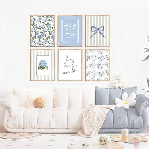 Shrandi 6 Pcs Blue Hydrangea Bow Canvas Wall Art How Lucky Are We Poster Prints Trendy Striped Coquette Paintings Pictures Sage Green Coastal Preppy Aesthetic Wall Decor for Girl Room Bedroom Living Room Office Dorm Apartment 8x10 Inch Unframed - Image 2