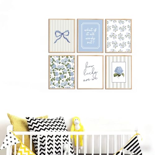Shrandi 6 Pcs Blue Hydrangea Bow Canvas Wall Art How Lucky Are We Poster Prints Trendy Striped Coquette Paintings Pictures Sage Green Coastal Preppy Aesthetic Wall Decor for Girl Room Bedroom Living Room Office Dorm Apartment 8x10 Inch Unframed - Image 5