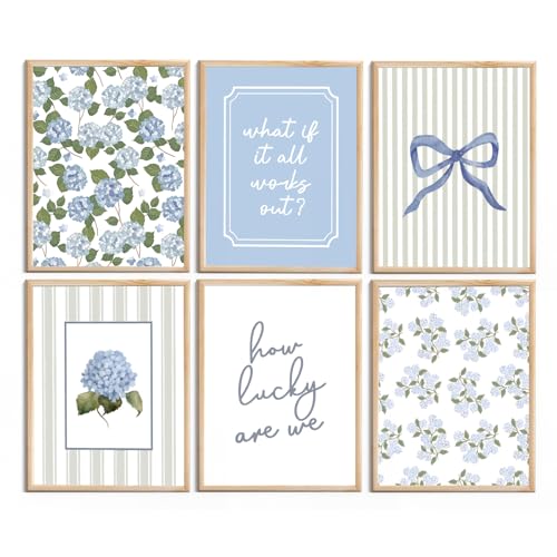 Shrandi 6 Pcs Blue Hydrangea Bow Canvas Wall Art How Lucky Are We Poster Prints Trendy Striped Coquette Paintings Pictures Sage Green Coastal Preppy Aesthetic Wall Decor for Girl Room Bedroom Living Room Office Dorm Apartment 8x10 Inch Unframed - Image 1