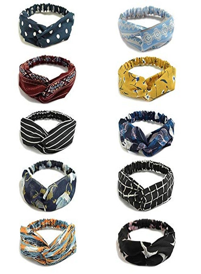 FAMEZA 10 Pack Women's Headbands Boho Flower Printing Twisted Criss Cross Elastic Hair Band Accessories - Image 1