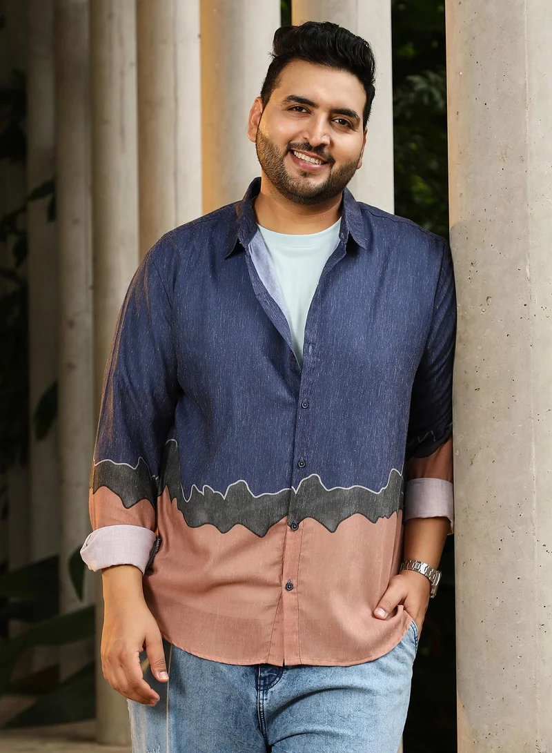 Instafab Plus Instafab Plus Men's Blue & Brown Brushline Imprint Shirt | Spread Collar , Long Cuffed Sleeves , Button Closure , Curved Hemline | Abstract Placement Print Plain Cotton-Blend For Street & Casual Wear