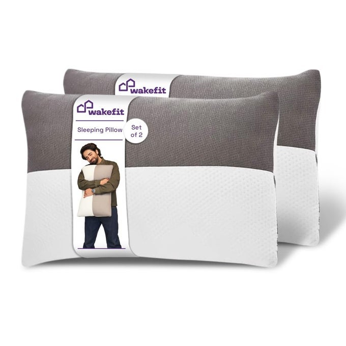 HEIGHT ADJUSTABLE HOLLOW FIBER SLEEPING PILLOW WITH ZIP WHITE AND GREY STANDARD SET OF 2 MICROFIBER 3 MONTHS WARRANTY