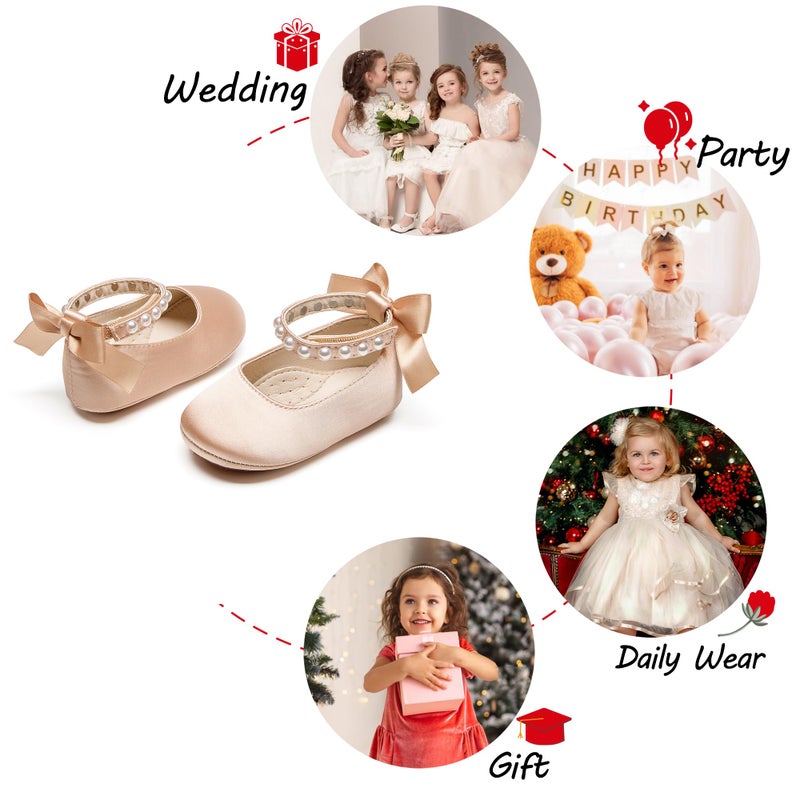 PHIRAMIN Baby Girls Satin Nude Mary Jane Flats - Infant 12-18 Months Walking Shoes Soft Rubber Sole Princess Wedding - Image 4
