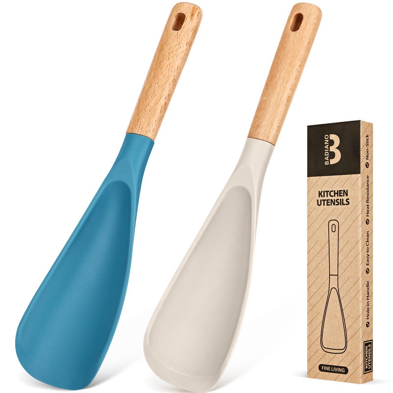 Badiano Cooking Spoon for Nonstick Cookwares, Great for Cooking and Serving Sturdy BPA-Free Matte Silicone, Wood Handle Spoon for Mixing, Scoop, and Scrape (Khaki & Turquoise, 11.4 inch) - Image 1