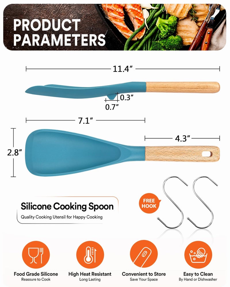 Badiano Cooking Spoon for Nonstick Cookwares, Great for Cooking and Serving Sturdy BPA-Free Matte Silicone, Wood Handle Spoon for Mixing, Scoop, and Scrape (Khaki & Turquoise, 11.4 inch) - Image 2