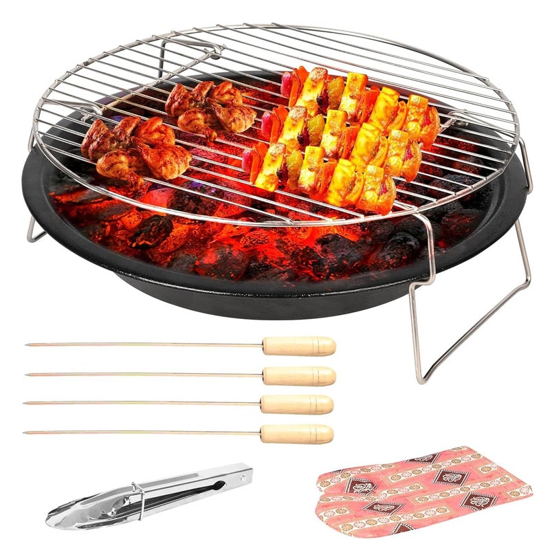 ORILEY شواية فحم محمولة دائرية | 4 مجموعة | 4 أسياخ | 1 قفاز | 1 ملقط | أدوات شواء قابلة للطي للمنزل والتخييم والنزهات والسفر والطهي (عبوة من 1، أسود) - Image 1