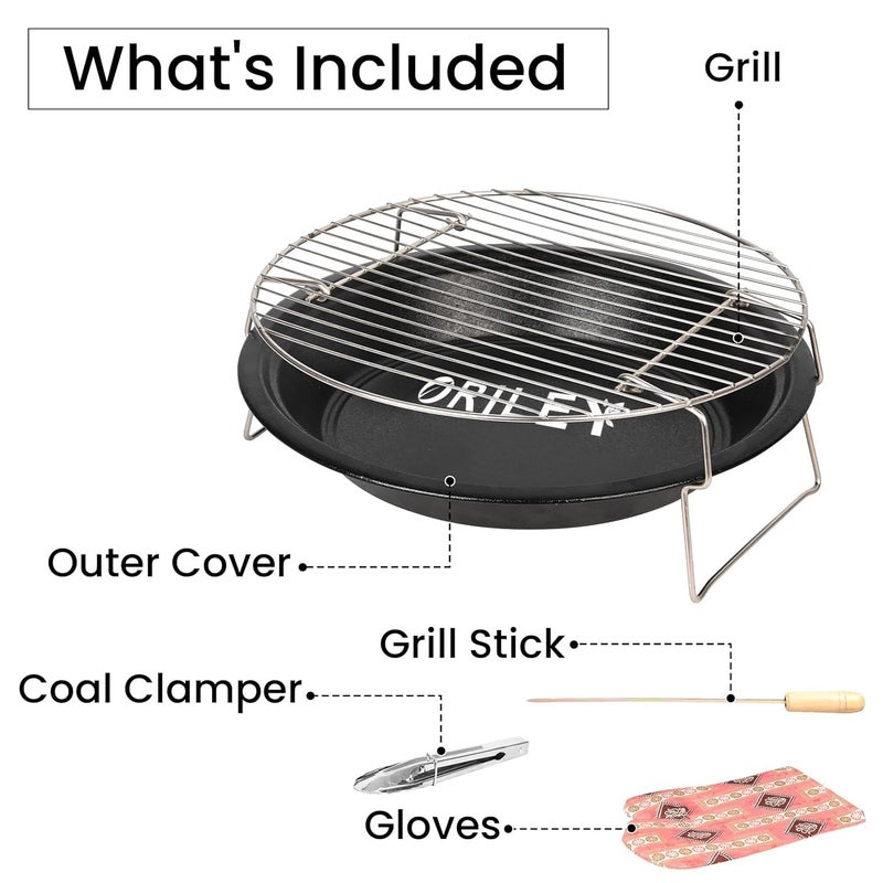 ORILEY شواية فحم محمولة دائرية | 4 مجموعة | 4 أسياخ | 1 قفاز | 1 ملقط | أدوات شواء قابلة للطي للمنزل والتخييم والنزهات والسفر والطهي (عبوة من 1، أسود) - Image 3