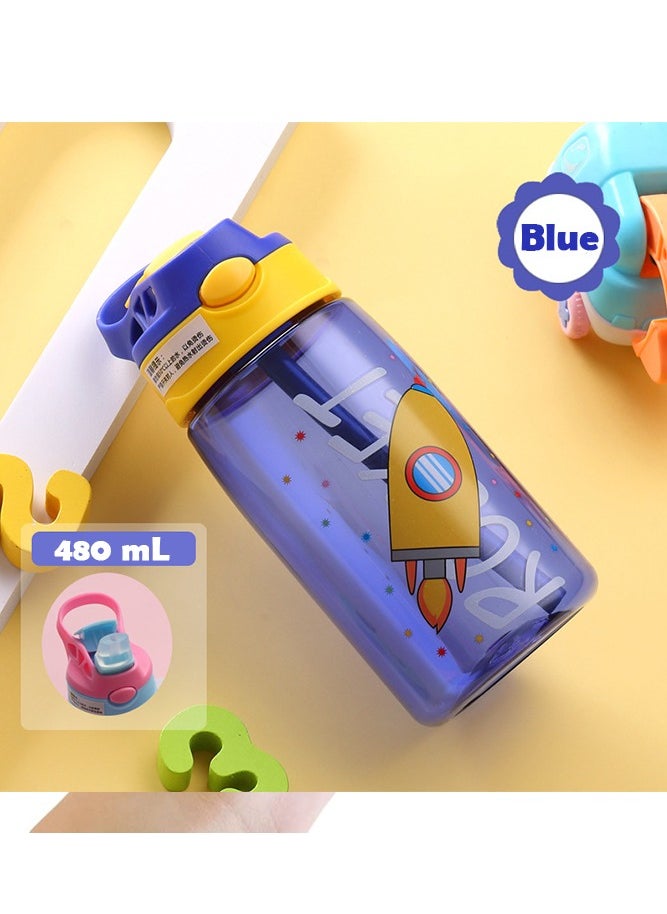 Bebiland - 480ml Kids Drinking Water Bottle with Straw, Leakproof BPA-Free Durable Plastic Bottle, Blue - Image 1