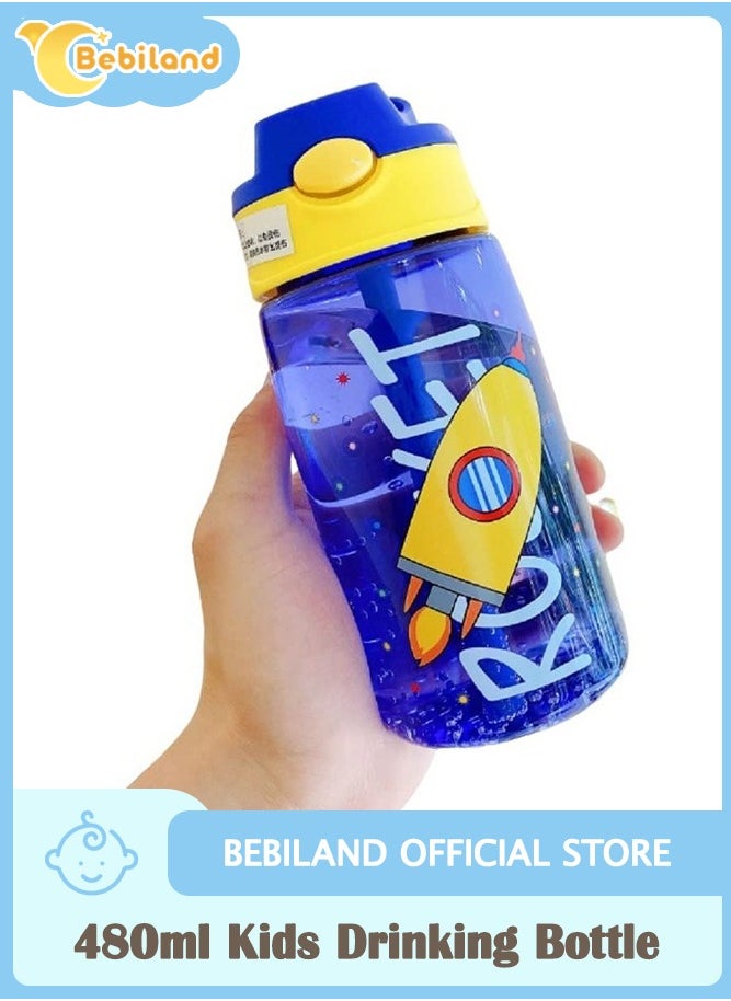Bebiland - 480ml Kids Drinking Water Bottle with Straw, Leakproof BPA-Free Durable Plastic Bottle, Blue - Image 1