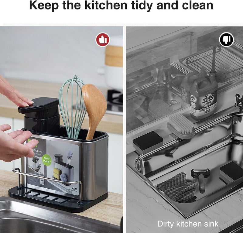 Styleys منظم حوض المطبخ Styleys مع موزع المنظفات، حامل إسفنج 3 في 1، فولاذ مقاوم للصدأ، أسود - Image 5