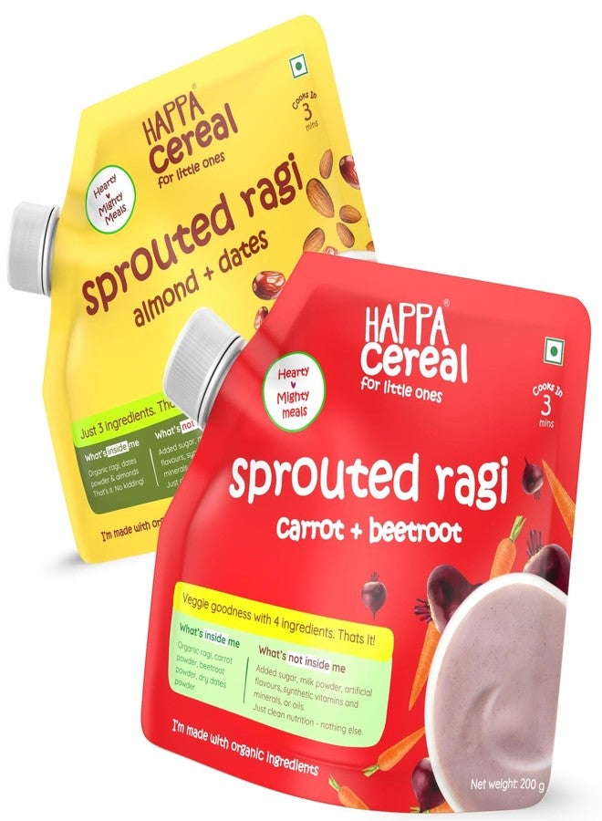 Happa Ragi Cereal for Babies | Sprouted Ragi Carrot Beetroot & Almond Dates Combo | No Sugar, Oil, Milk Powder, Flavours or Colours | Traditional Porridge Recipe | Cooks in 3 Minutes | Stage 2 (6 Months+) | 200g Pack - Image 1