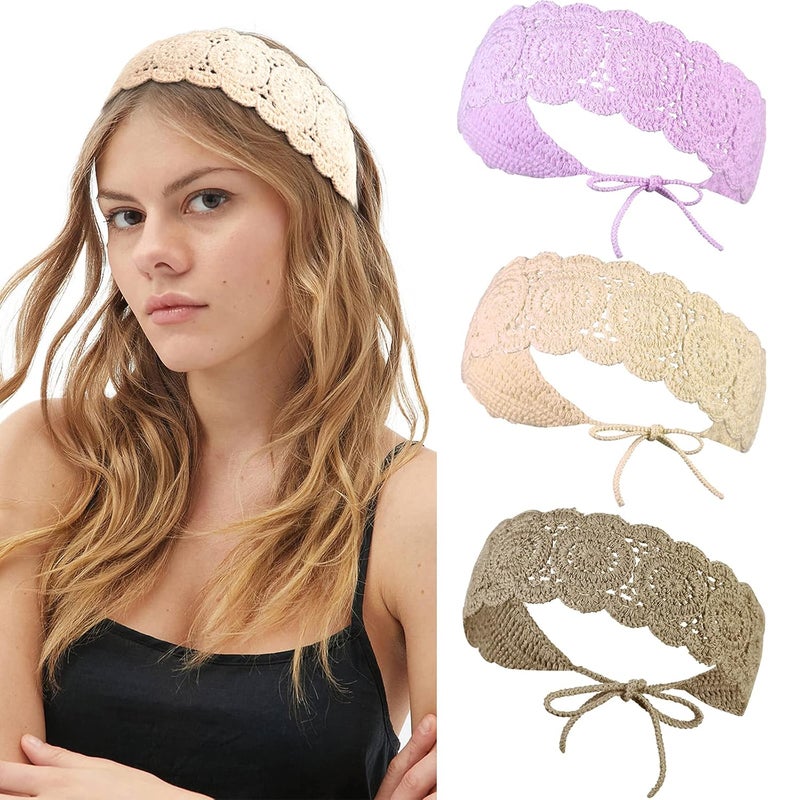 CHLINS Headband 3PCS Crochet Hairband for Women  Floral Elastic Handmade Head Wrap Bohemian knit Headband for Women and Girls Purple Beige Light coffee