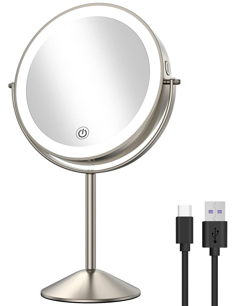 Gospire 8 Lighted Makeup Mirror with Magnification 10X1X 3 Color Lights  Dimmable Lighting 360 Rotation Double Sided Rechargeable Cordless Vanity Cosmetic Standing LED Mirror for Makeup