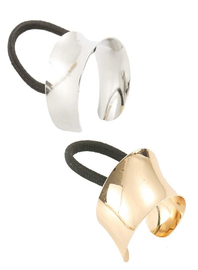 lasenersm 2 Pieces Metal Cuff Ponytail Holder Hair Cuff Elastic Hair Band Rope Hair Ties for Women Girls, Golden and Silver - Image 1