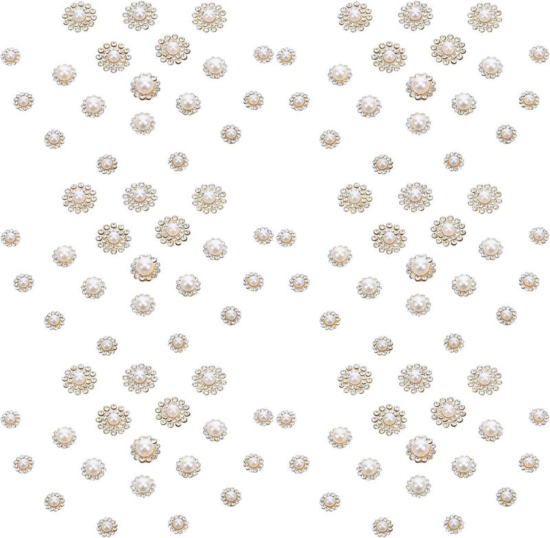 100pcs Mixed Size Flower Pearl Rhinestone Buttons, Cream White Pearl with Gold Base, Decorative Crafting Buttons for DIY Sewing, Blazer Jackets, Scarves, and Skirts - Image 1