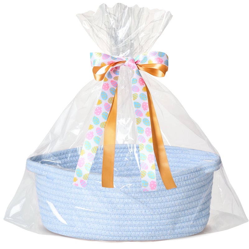 Kodomoore Small Woven Easter Basket with Gift Bag and Ribbon â€“ Empty Burr Basket for Gifts, Baby Shower, & Birthdays â€“ Decorative Rope Storage Organizer for Shelves, 12"x8"x5", Blue - Image 1