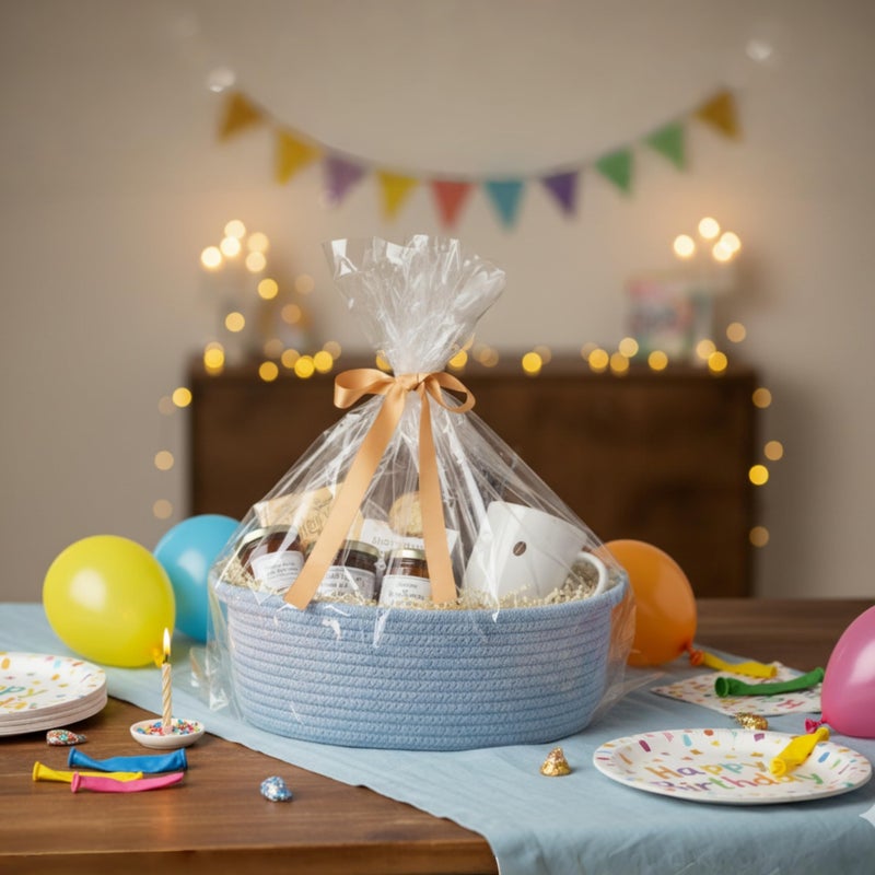 Kodomoore Small Woven Easter Basket with Gift Bag and Ribbon â€“ Empty Burr Basket for Gifts, Baby Shower, & Birthdays â€“ Decorative Rope Storage Organizer for Shelves, 12"x8"x5", Blue - Image 4