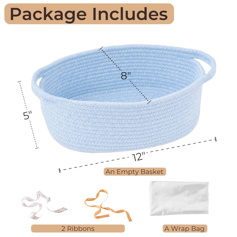Kodomoore Small Woven Easter Basket with Gift Bag and Ribbon â€“ Empty Burr Basket for Gifts, Baby Shower, & Birthdays â€“ Decorative Rope Storage Organizer for Shelves, 12"x8"x5", Blue - Image 3
