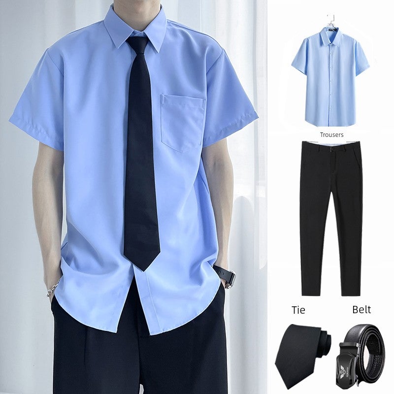 White long-sleeved shirt, loose solid color, male student, DK uniform, short-sleeved tie, graduation shirt suit, trousers - Image 2
