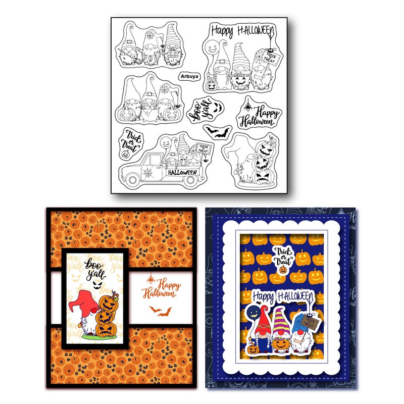 Arbuya Happy Halloween Clear Stamps for Card Making Gnomes Pumpkin Spider Bats Rubber Stamps for Cards Making Decoration and Scrapbooking Rubber Stamps for Craft