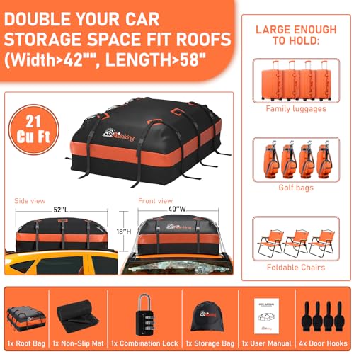 Asinking Car Roof Bag Rooftop top Cargo Carrier Bag 21 Cubic feet Waterproof for All Cars with/Without Rack, Includes Anti-Slip Mat, 10 Reinforced Straps, 6 Door Hooks, Luggage Lock - Image 5