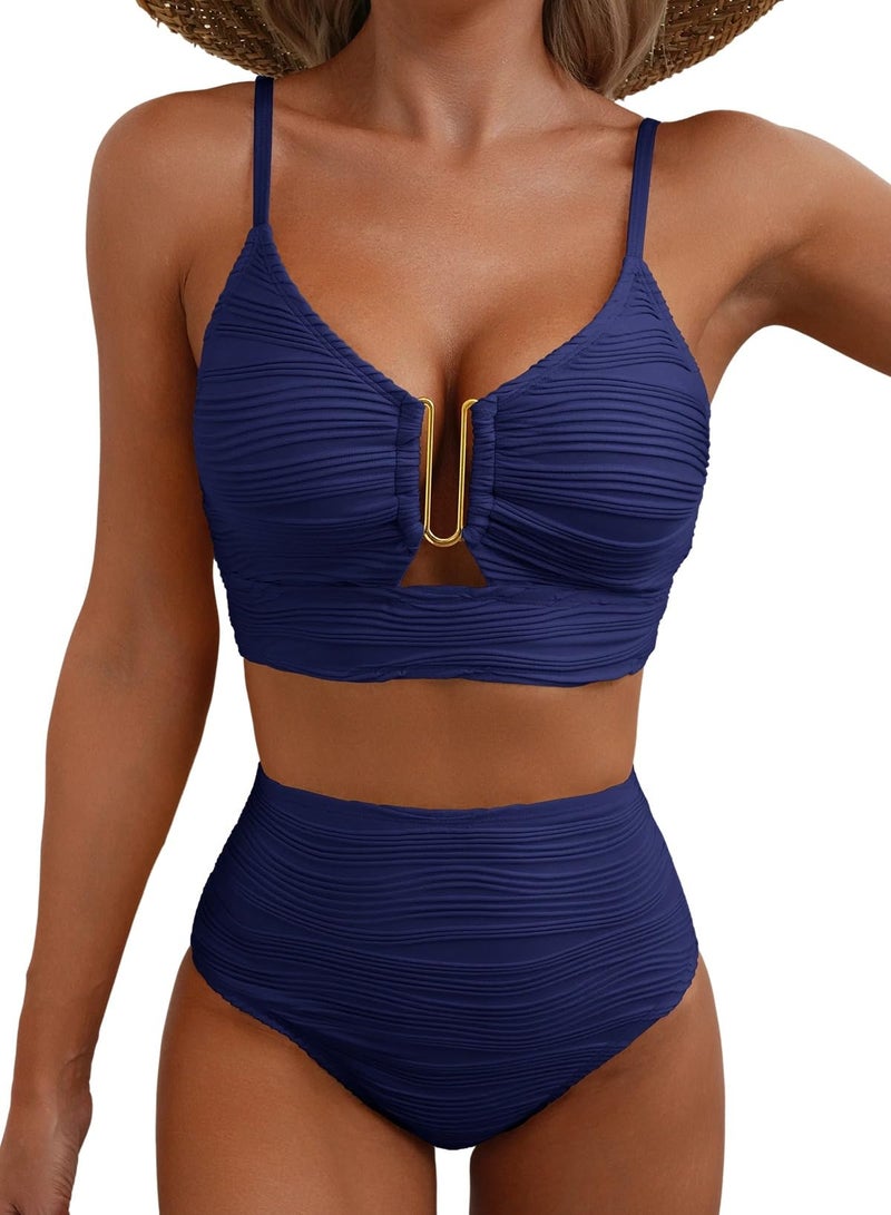 Herseas Womens Sexy U Wired Ruched Push Up 2 Piece Bikini Sets Tummy Control High Waisted Cutout Bathing Suit Adjustable Straps Swim Suits Trendy Swimming Pool Outfits Navy Blue Medium - Image 1