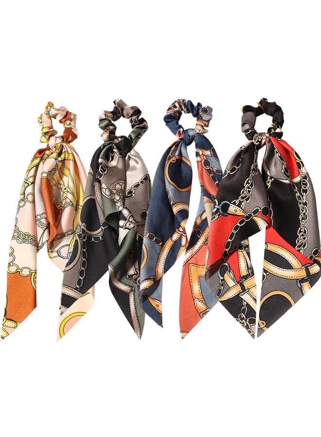 LFOUVRE 4pcs Chain Satin Hair Accessories - Ribbon Scrunchies with Long Tails, Knotted Hair Bands and Elastic Ties for Girls - Image 1