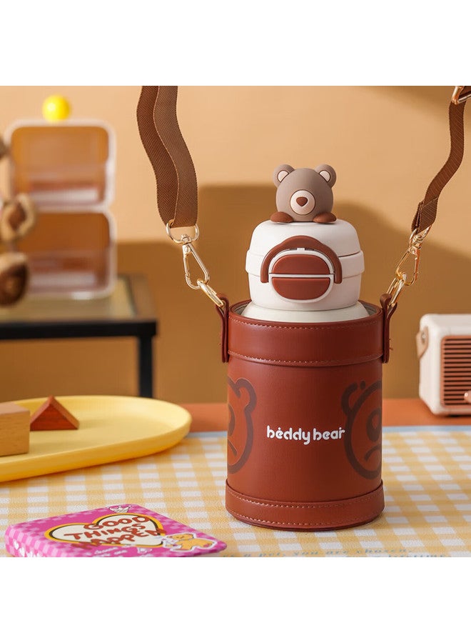 Beddybear Open Mouth Smile Dual Lid Kids Insulated Straw Water Bottle 316 Stainless Steel Large Capacity Thermos 600ml Brown Cute Bear - Image 1