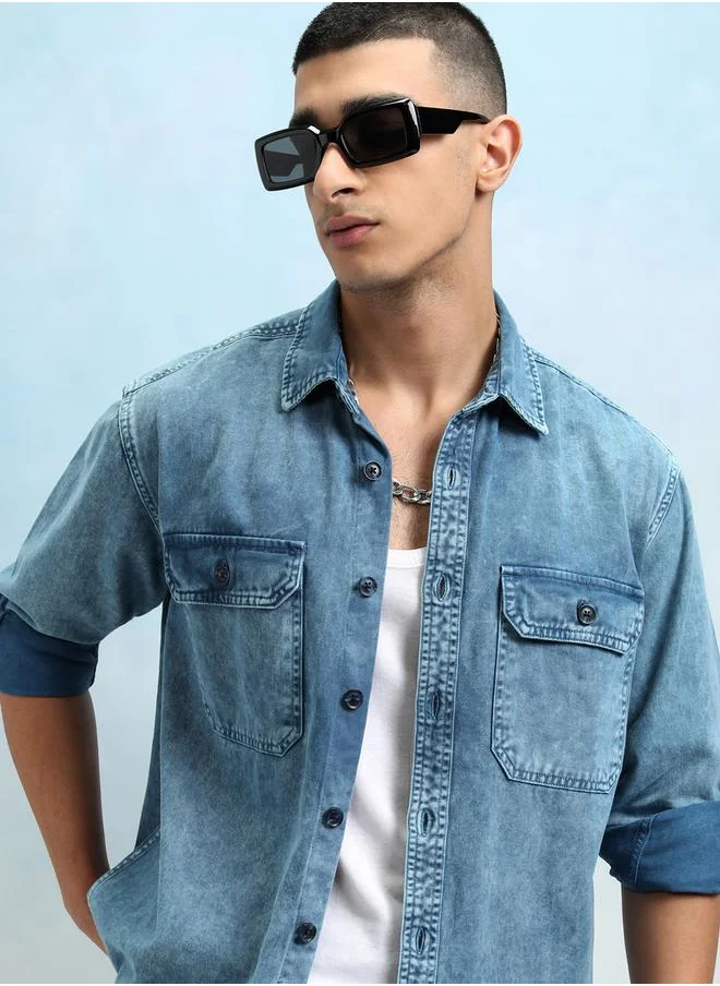 هاي لاندر Regular Fit Faded Denim Shirt with Pockets