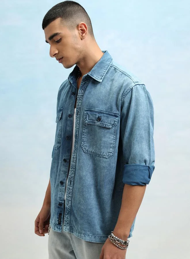 HIGHLANDER Regular Fit Faded Denim Shirt with Pockets by Styli