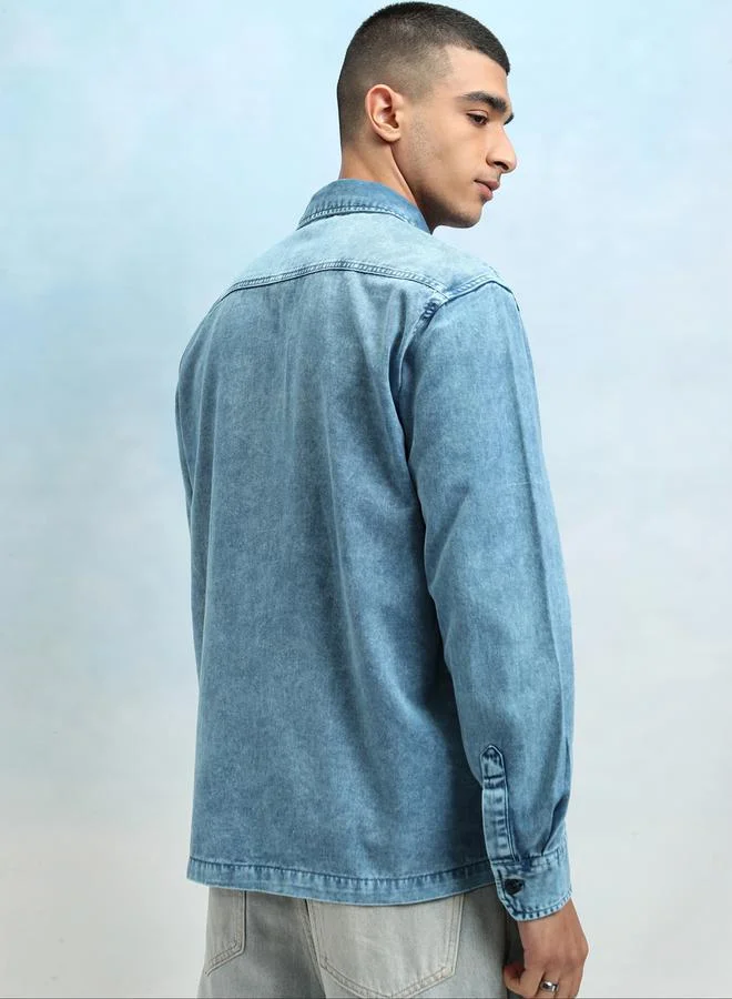 HIGHLANDER Regular Fit Faded Denim Shirt with Pockets by Styli