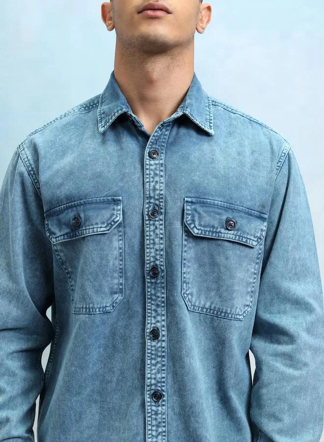 HIGHLANDER Regular Fit Faded Denim Shirt with Pockets by Styli