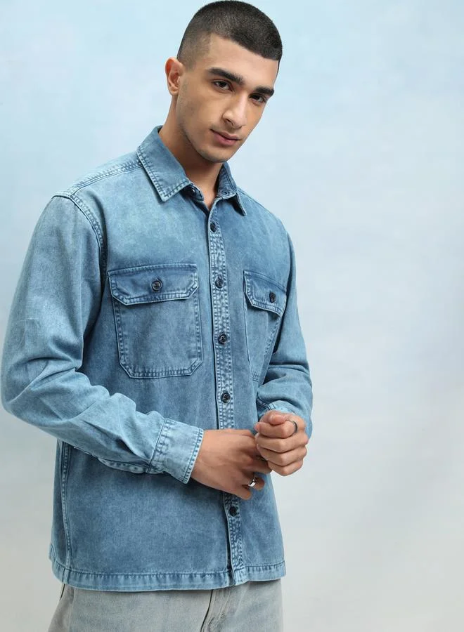 HIGHLANDER Regular Fit Faded Denim Shirt with Pockets by Styli