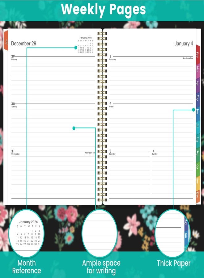 Pinchoco 2026 Planner - Planner 2026 Weekly and Monthly, January 2026 - December 2026, 9” x 11”, 2026 Calendar Planner with Colorful Tabs, Back Pocket, Twin-wire Binding - Floral - Image 5