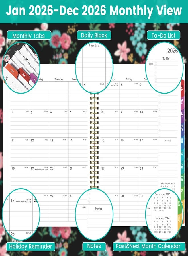 Pinchoco 2026 Planner - Planner 2026 Weekly and Monthly, January 2026 - December 2026, 9” x 11”, 2026 Calendar Planner with Colorful Tabs, Back Pocket, Twin-wire Binding - Floral - Image 4