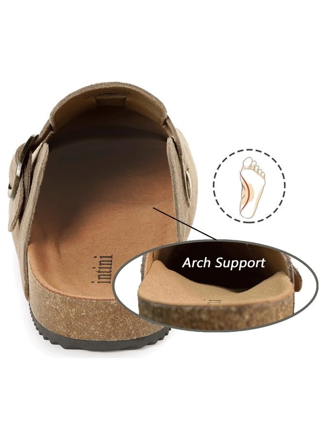 Intini Womens Suede Clogs Mens Genuine Leather Mules Cork Footbed Sandals with Arch Support, Sand, 12 Women/11 Men - Image 4
